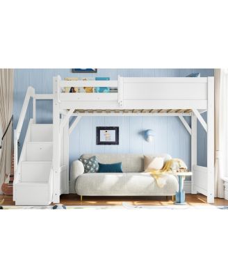 Twin Loft Bed with Wardrobe, Storage, Shelves, Guardrails, Stairs