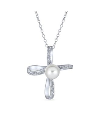 Elegant Simulated Pearl Infinity Cross Necklace & Classic 8MM Pearl Stud Earrings Jewelry Set Sterling Silver
