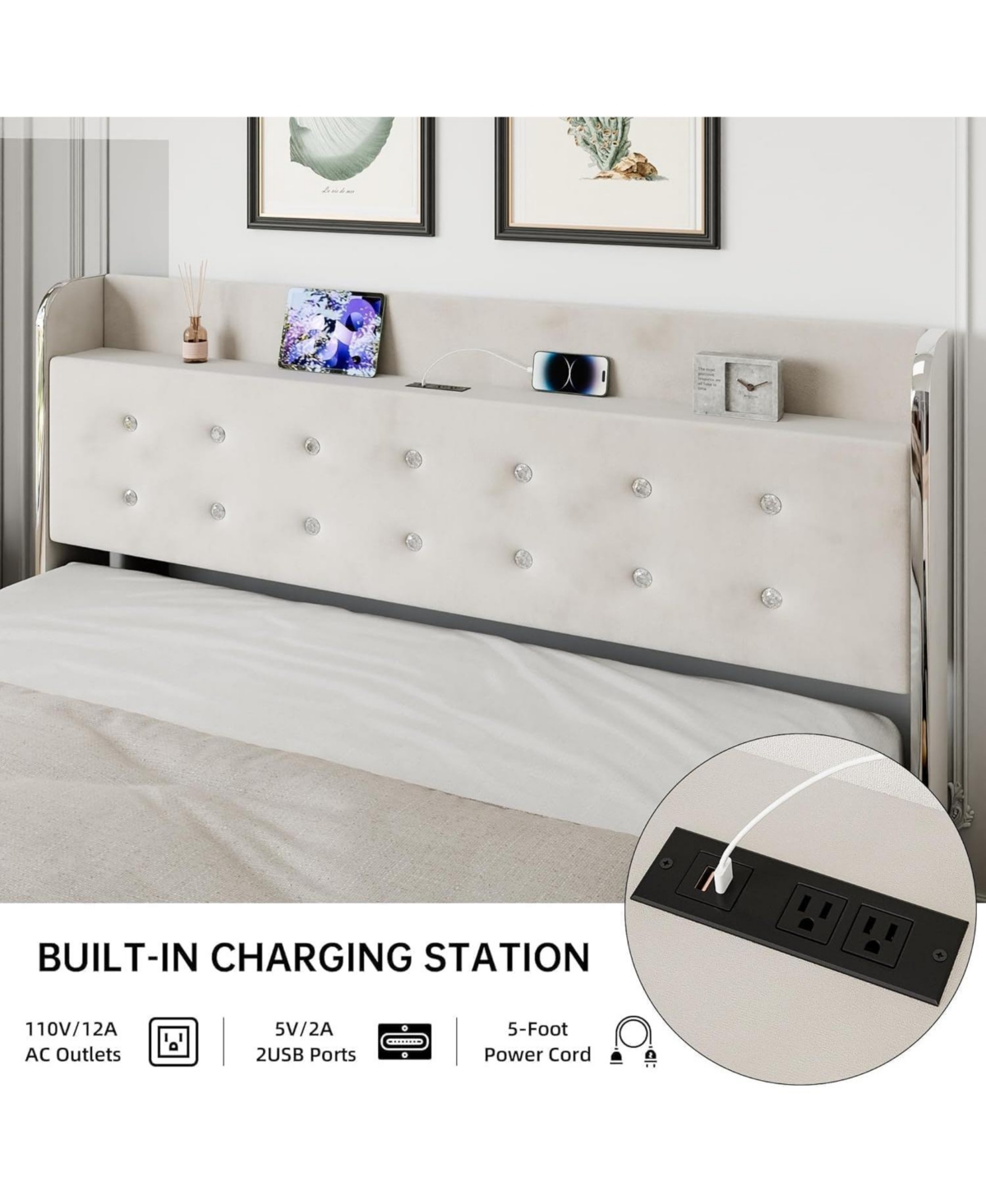 gaomon Queen Upholstered Diamond-Tufted Trundle & 4-Drawer Bed Frame