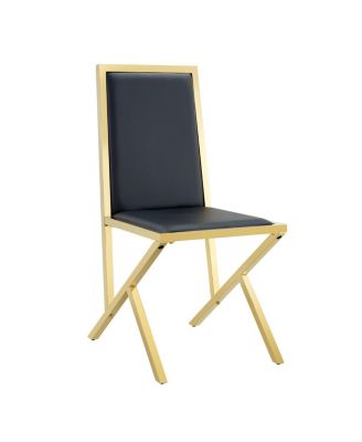 4-pack gold metal framed black PU dining chairs with ergonomic design.