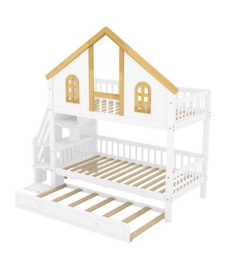 Streamdale Twin Size Wooden House Bunk Bed with Storage Staircase & Trundle