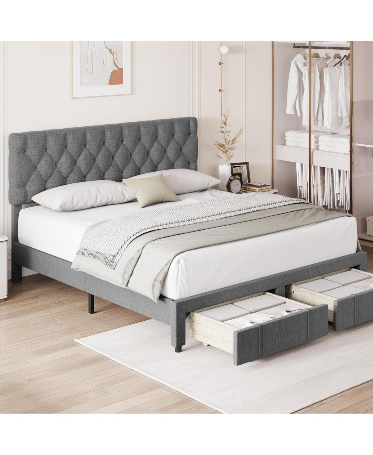 gaomon Bed Frame, Upholstered Platform Frame with Storage Drawers, Mattress Foundation Solid Wooden Slats Support,