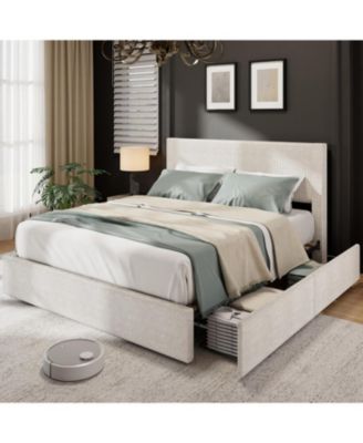 Platform Bed Frame with 4 Storage Drawers, Upholstered Channel Tufted Wingback Headboard Bed Frame with Strong Wooden Slat Support