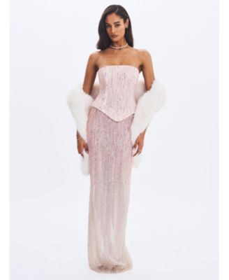 Women's Tosca Pink-to-White Beaded Gradient Strapless Maxi Dress