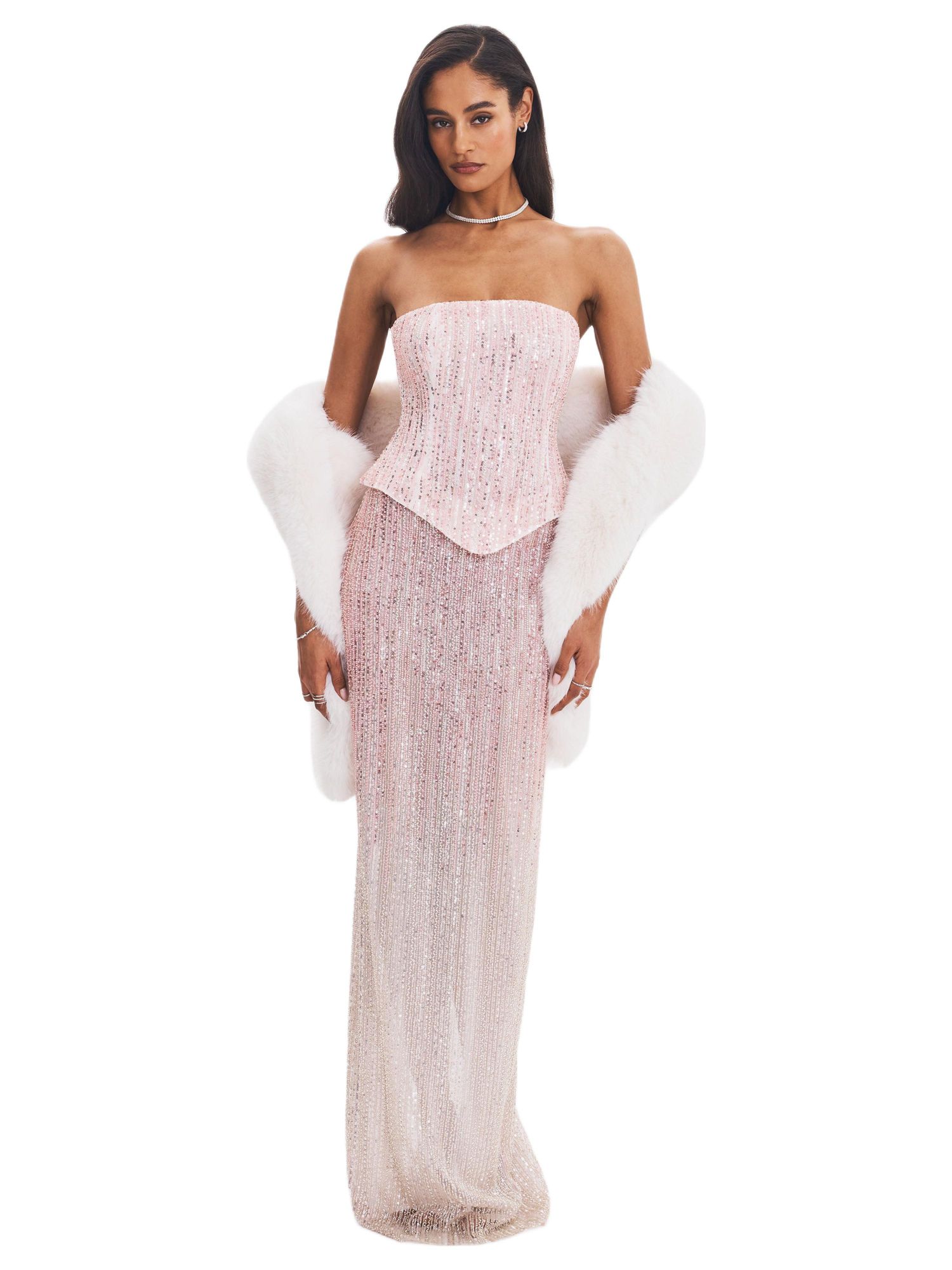 Women's Tosca Pink-to-White Beaded Gradient Strapless Maxi Dress