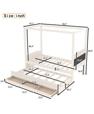 Twin Upholstered Platform Bed with Trundle, 3 Drawers & Canopy