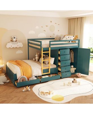 Full Size Bunk Bed with 2 Large & 5 Small Drawers, Wardrobe