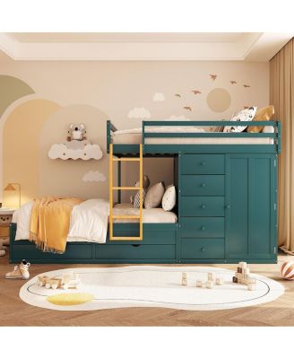 Full Size Bunk Bed with 2 Large & 5 Small Drawers, Wardrobe