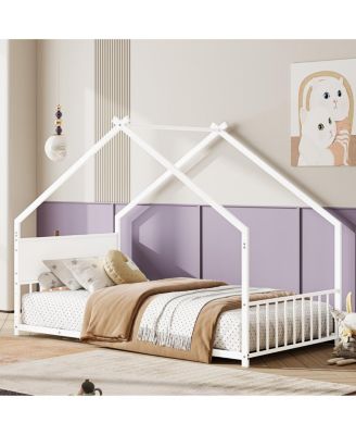 Twin Size House Bed with Roof & Lights, Metal Frame, No Box Spring