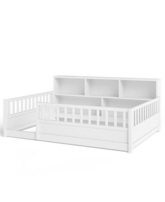  Wooden Floor Bed With Fence Guardrail & Side Storage