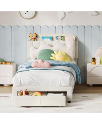 Twin Bed Frame with Storage Headboard, Velvet Upholstered Platform Bedframe for Kids, Girl Bed, Strong Wooden Slats, Noise-Free, Easy Assembly