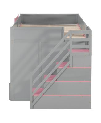  Full Over Full Bunk Bed with Twin Size Trundle and Staircase, Shelves, LED