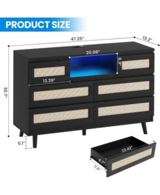 Rattan Wooden Dresser with 6 Drawers and Charging Station, 47" Modern Dresser with LED Lights and Open Shelves