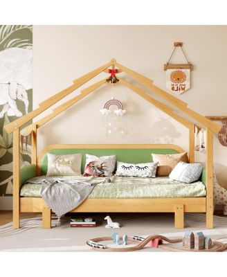 Twin Size Wood Treehouse Bed with Soft Cushion Rails