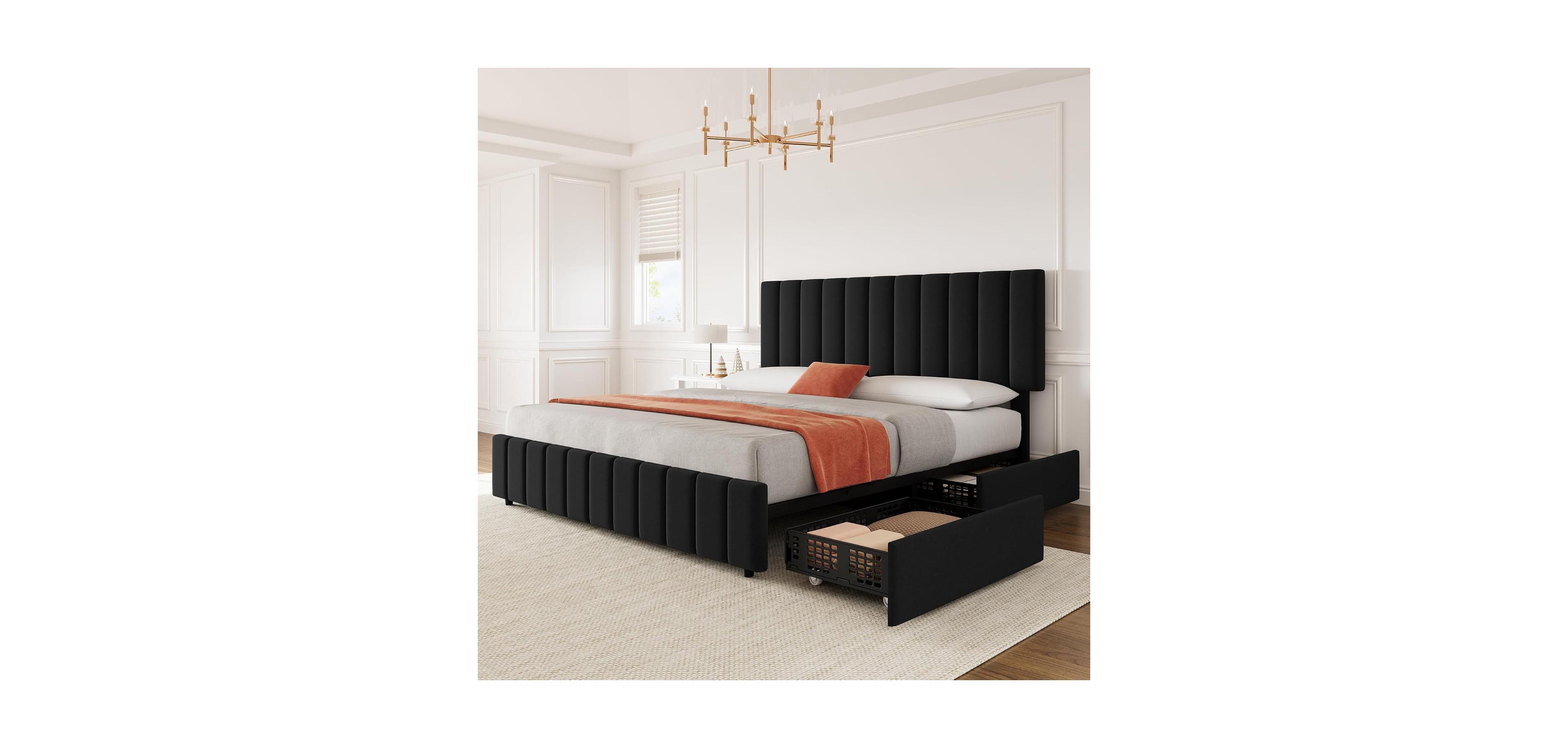 gaomon White Queen Pu Leather Upholstered Bed Frame with 4 Storage Drawers, Adjustable Headboard