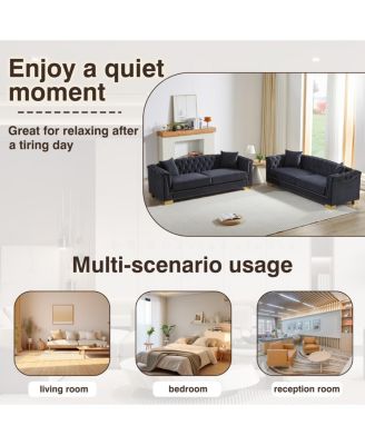 35 inches 3-Seater Chesterfield Rolled Arm Velvet Modern Sofa for Living Rooms & Offices.