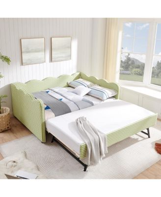 Cozy Gingham Daybed with Twin Trundle, USB Port, Linen Fabric