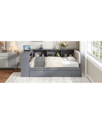 Wood Twin Platform Bed w/Storage, Trundle, Charging Station