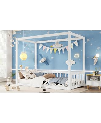 Twin Size Canopy Floor Bed with Fence