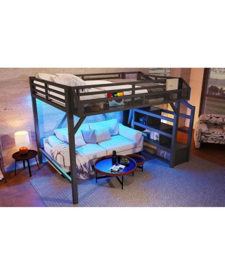 Full Loft Bed with Storage Stairs, Shelves, Wardrobe, USB, LED Lights