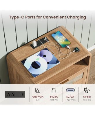 Rattan Nightstand with Charging Station, 2 Drawers, 22.8" Wide Bedside Table