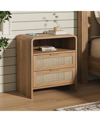 Rattan Nightstand with Charging Station, 2 Drawers, 22.8" Wide Bedside Table