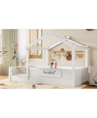 Twin Size House Floor Bed with Guardrails, Roof, Tray & Signboard