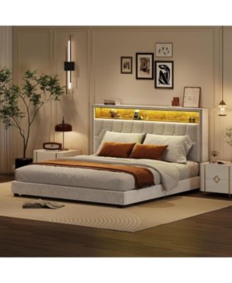 Upholstered Bed Frame with Headboard and LED Lights, Charging Station, No Box Spring Needed