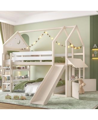 Streamdale Loft Bed with Bookshelf, Slide, and House-Shaped Design for Kids
