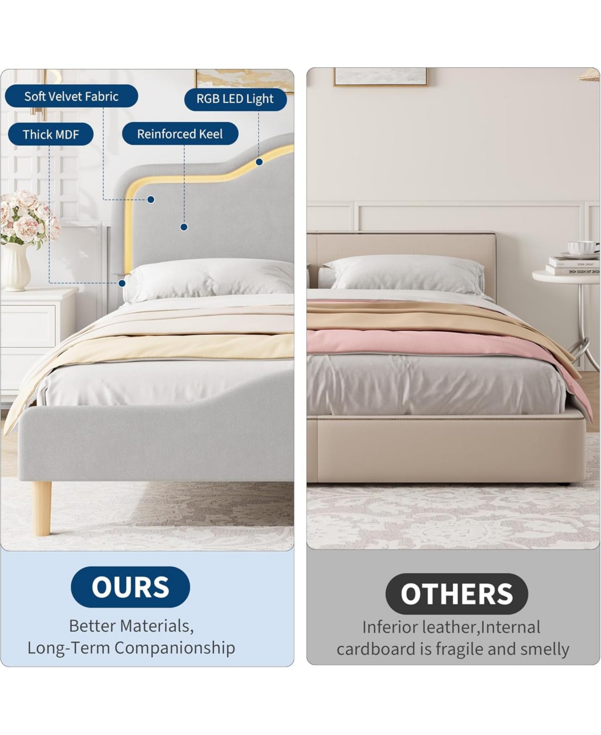 gaomon Upholstered Led Bed Frame with Adjustable Headboard and Footboard, Velvet Princess Platform Bedframe for Kids/Girls, Wooden Slats Support