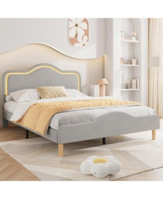 Upholstered LED Bed Frame with Adjustable Headboard and Footboard, Velvet Princess Platform Bedframe for Kids/Girls, Wooden Slats Support,