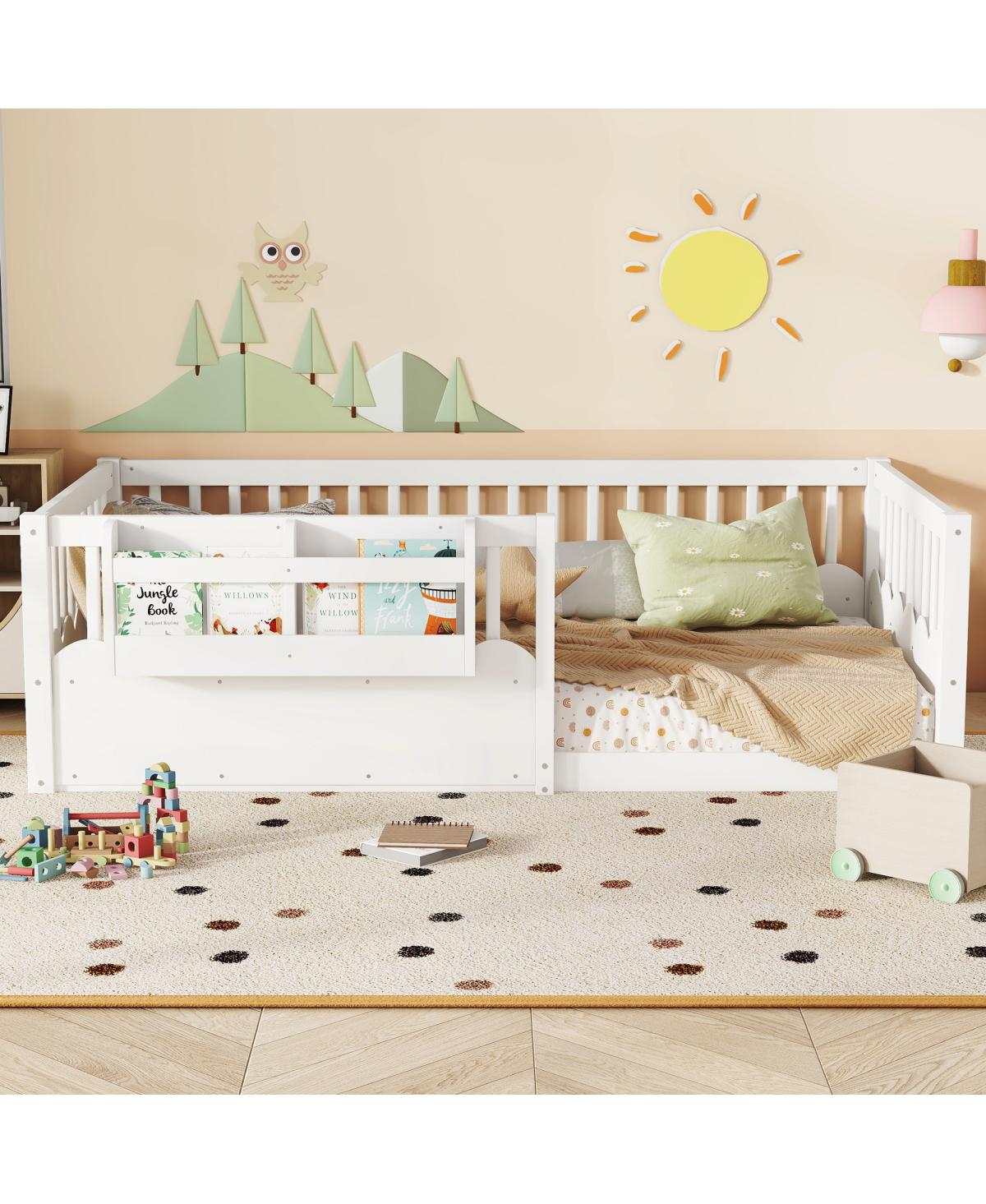 Streamdale Furniture Twin Floor Bed with Fence & Bookshelf