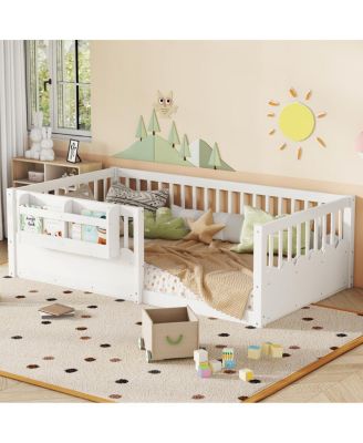 Twin Floor Bed with Fence & Bookshelf