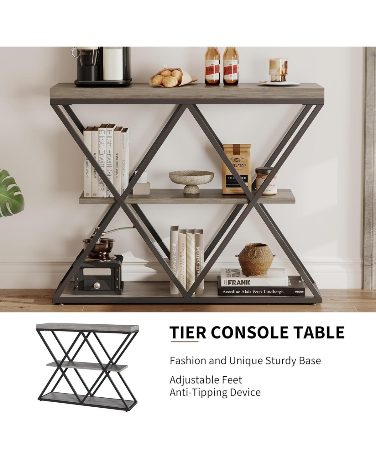 gaomon 3-Tier Industrial Entryway Table with x-Shaped Metal Frame, Open Shelf Console Sofa for Living Room, Hallway