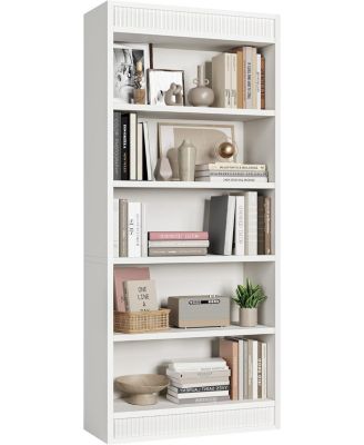 Tall Farmhouse Bookcase – 5-Tier Bookshelf with Fluted Design and Display Rack, Rustic Wood Freestanding Book Shelf for Office, Library