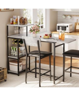 Dining Table Set for 2 3-Piece Expandable Bar Table and Chairs Set with Storage Shelves and Wine Rack Small Kitchen Dining Set