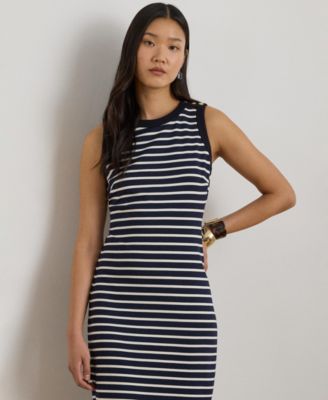 Women's Striped Snap-Trim Crewneck Sheath Dress