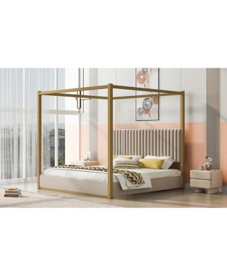 Streamdale King Size Beige Upholstery Canopy Platform Bed with Headboard & Metal Frame