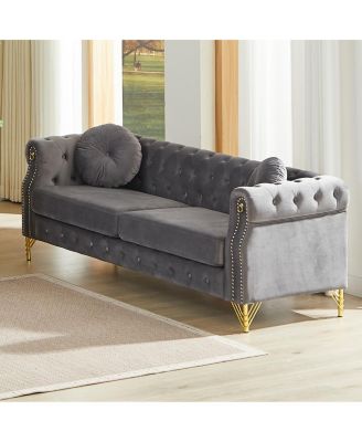 Streamdale Velvet Chesterfield Sofa with Pillows & Studs, Metal Legs