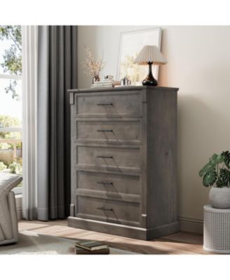 Farmhouse 5 Drawer Dresser for Bedroom, Tall Chest of Drawers with Metal Handles, Rustic Wooden Dresser TV Stand, for Living Room, Hallway.