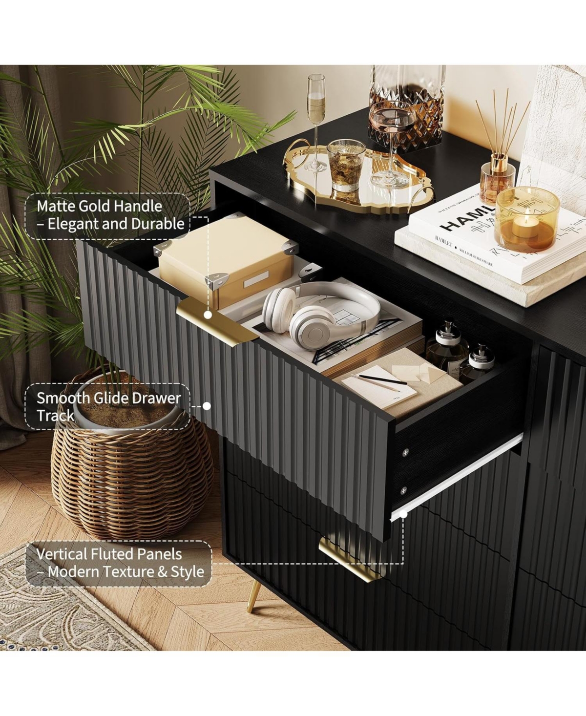 gaomon Fluted Dresser for Bedroom with 8 Drawers,55" Wide Modern Chest of Wooden Bedroom Chest with Metal Handle,Clothes Storage Organizer