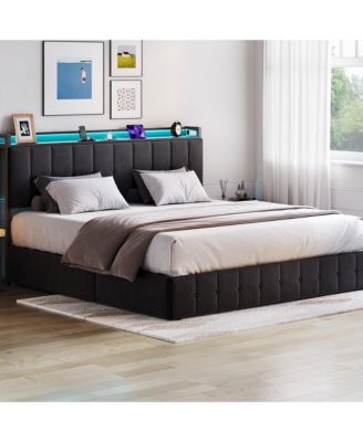 Lift Up Bed Frame with Charging Station & LED Lights,Upholstered Bed with Storage Headboard