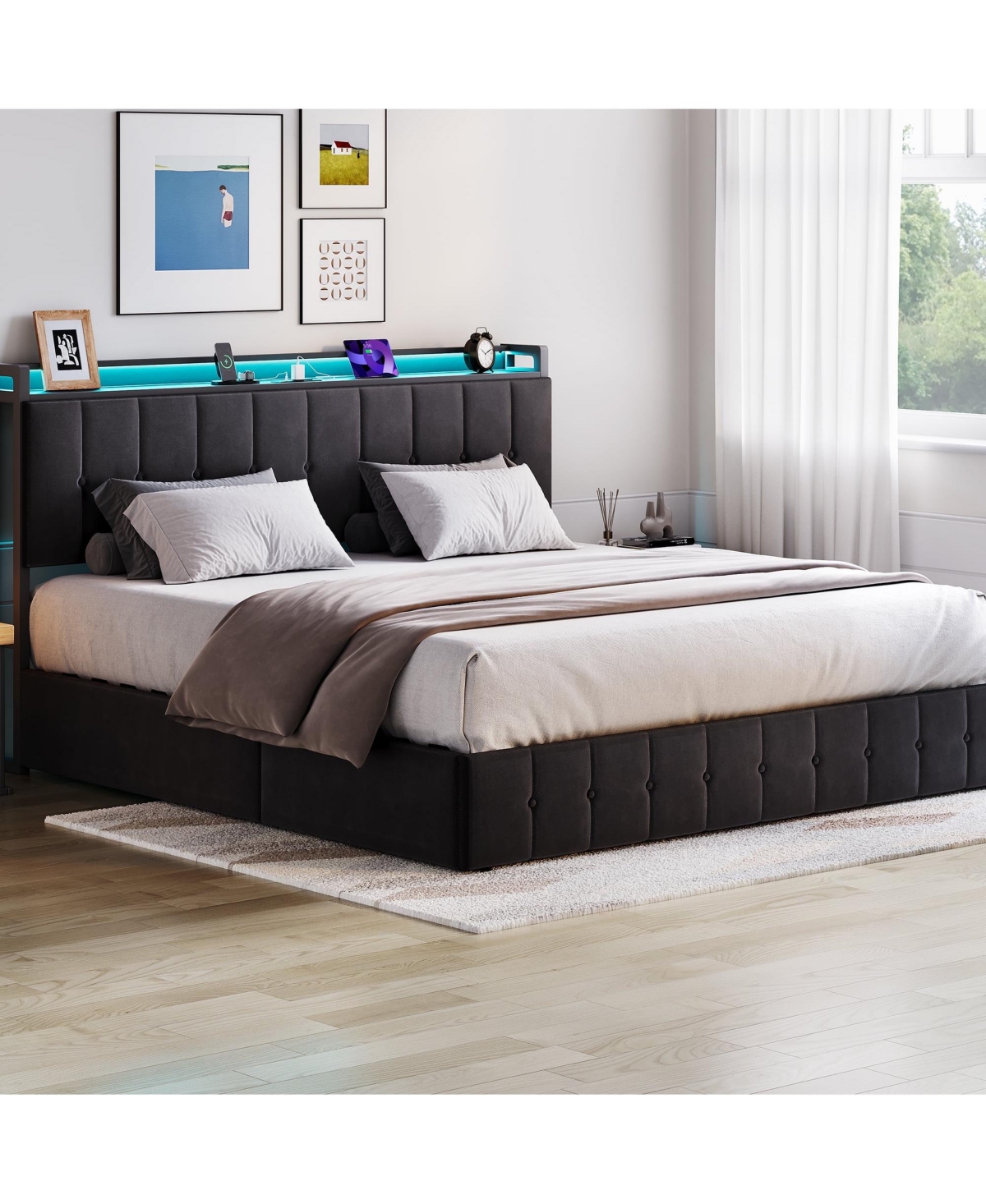 gaomon Lift Up Bed Frame with Charging Station & Led Lights,Upholstered Bed with Storage Headboard