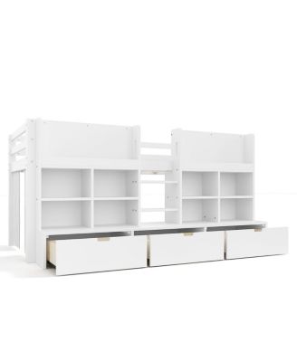 Twin Loft Bed with Multi-Storage Shelves, Curtain & Chalkboard