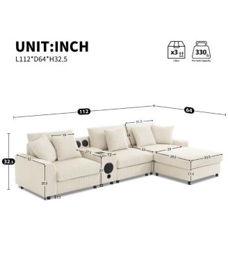 Streamdale 112" Corduroy Sectional Sofa w/ Bluetooth, Console, USB, Cup Holders, Storage