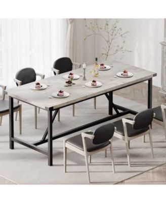 70.87 Inch Large Farmhouse Dining Table with Wood Grain Engineered Panels and Sturdy Black Metal Legs Seats 6-8 Dual Use as Home Office Desk