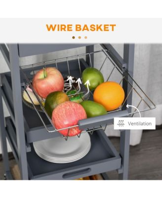 Mobile Kitchen Cart, Solid Wood Frame Utility Cart, Rolling Kitchen Island with Wire Fruit Baskets, Trays and Drawer for Dining Room