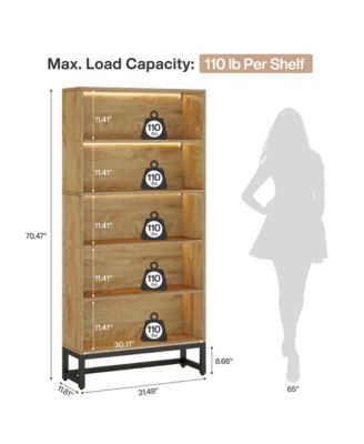Tall Bookcase, 5-Tier Bookshelf with APP-Controlled LED Lighting, Closed Back Design and Adjustable Feet for Home Office, Living Room