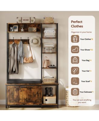 Hall Tree Coat Rack - Flip-top Shoe Cabinet, 5 Storage Compartments, Cushioned Bench, 4 Hooks for Entryway, Hallway