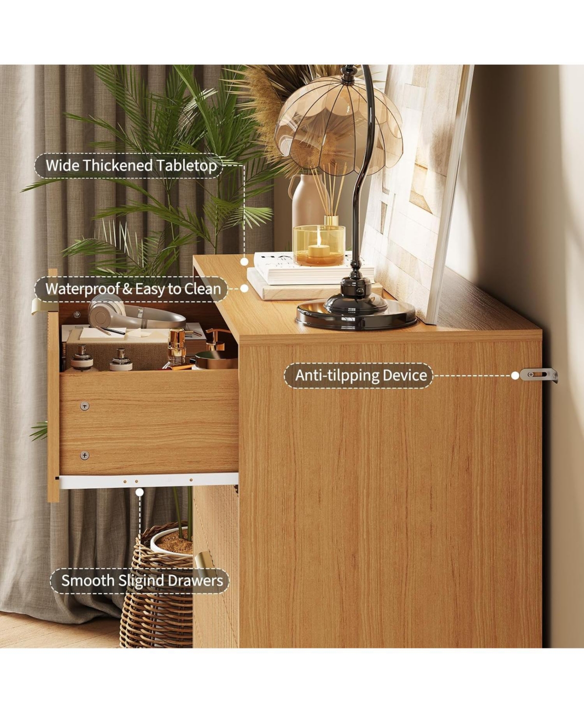 gaomon Fluted 4 Drawer Modern Wooden Dresser, Wide Bedroom Storage, Oak